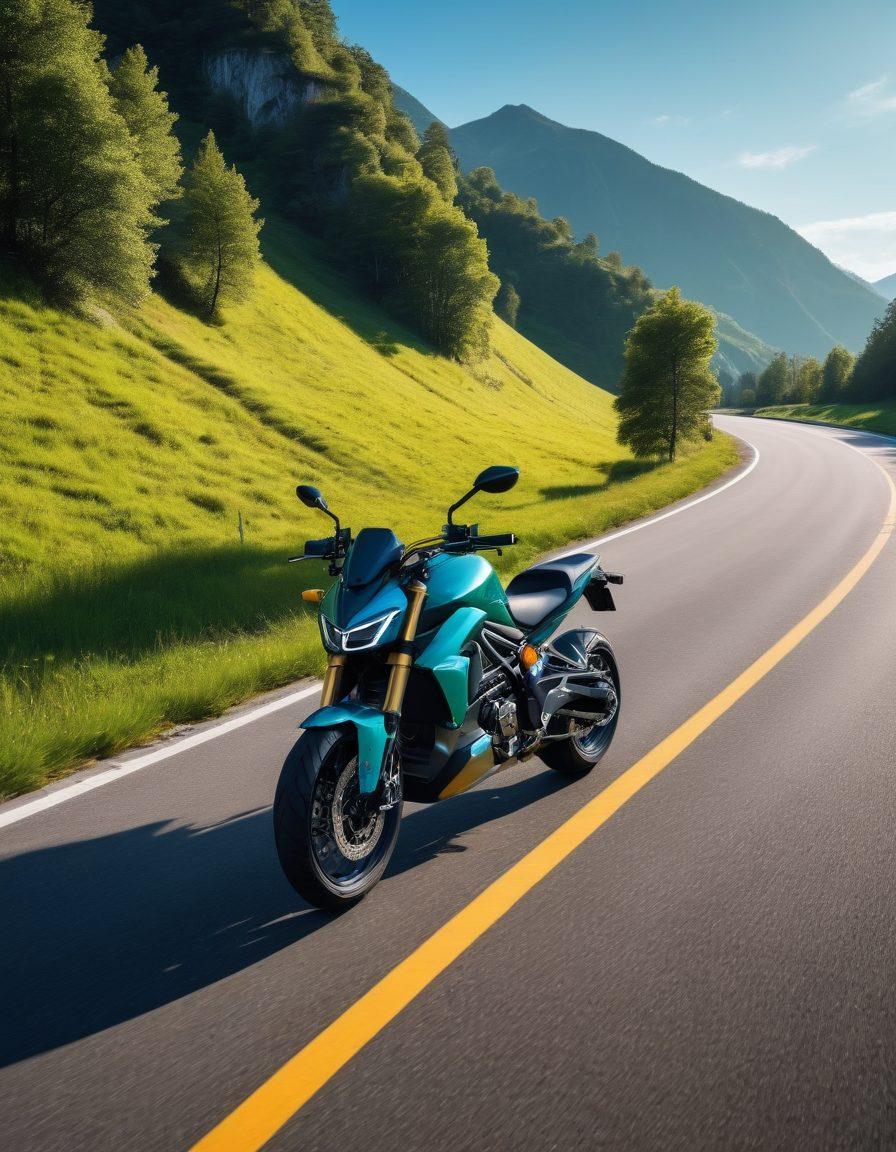 A high-performance motorcycle and a sleek e-bike parked side by side on a scenic mountain road, with a backdrop of vibrant green hills and a clear blue sky. The motorcycle should exude power and speed, while the e-bike should showcase modern technology and eco-friendliness. Include dynamic motion lines to emphasize motion and energy. The scene should evoke a sense of adventure and freedom. super-realistic. vibrant colors. natural landscape.