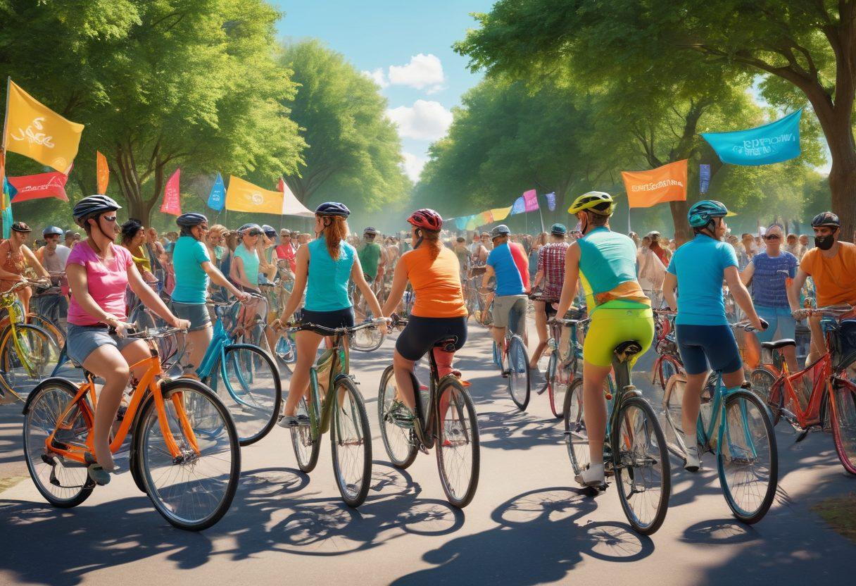 A vibrant cyclist community gathering, showcasing a diverse group of cyclists enjoying a sunny park event. Bicycles of various styles are decorated with colorful accessories, while people engage in animated discussions around sustainable transport. Include banners promoting cycling events and eco-friendly practices in the background. The atmosphere should feel energetic and inviting. super-realistic. vibrant colors. outdoor setting.