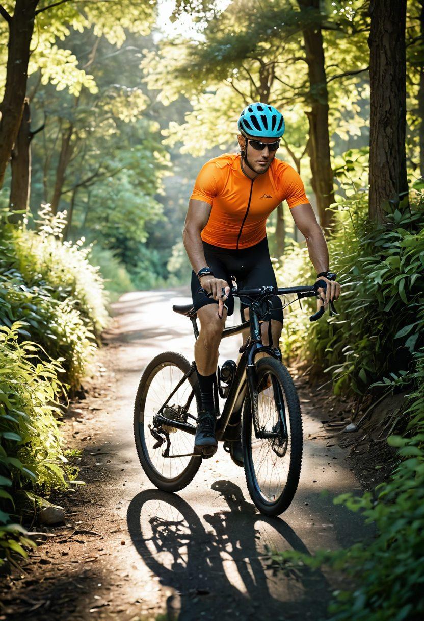 A dynamic scene showcasing a cyclist expertly maintaining their bike in a sunny outdoor setting. Gear and accessories like helmets, lights, and tools are artistically arranged around them, creating an ambiance of cycling enthusiasm. The background features a winding bike trail with lush greenery, inviting the viewer into the cycling lifestyle. Highlight a mix of sleek and rugged cycling gear to illustrate the ultimate breakdown of cycling essentials. super-realistic. vibrant colors. outdoors.